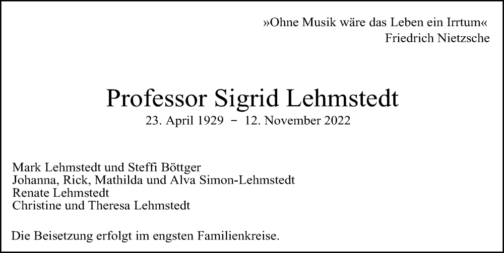  Traueranzeige für Sigrid Lehmstedt vom 19.11.2022 aus Leipziger Volkszeitung