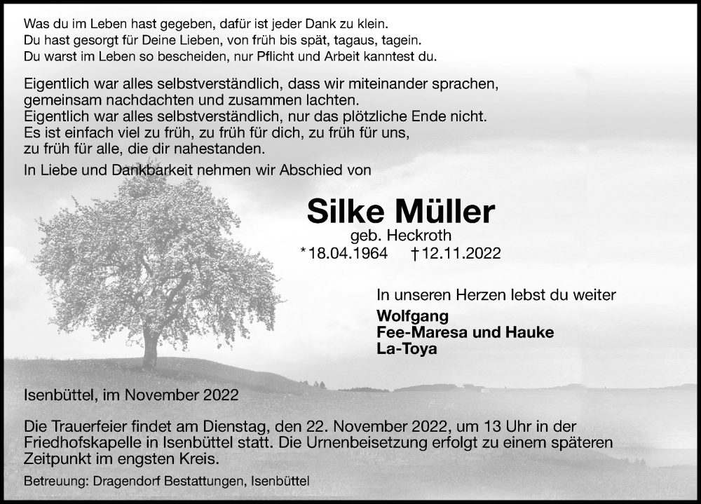  Traueranzeige für Silke Müller vom 17.11.2022 aus Aller Zeitung