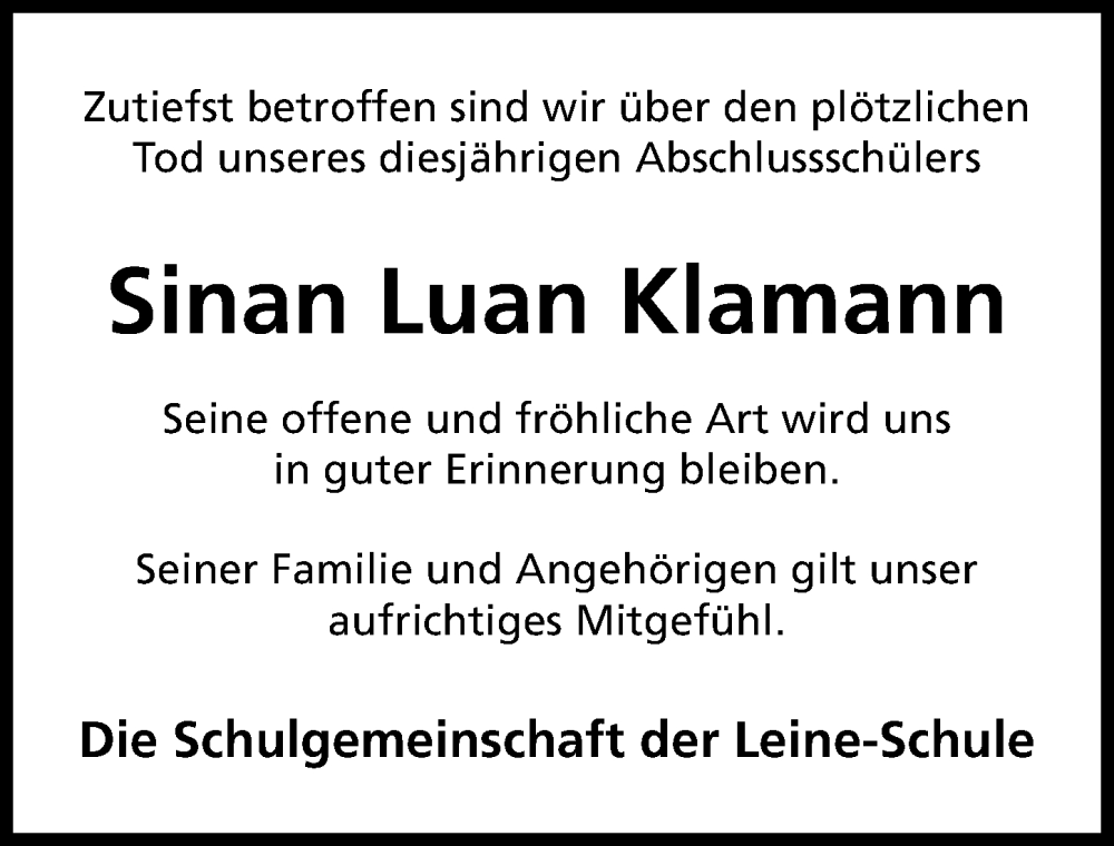  Traueranzeige für Sinan Luan Klamann vom 26.11.2022 aus Hannoversche Allgemeine Zeitung/Neue Presse