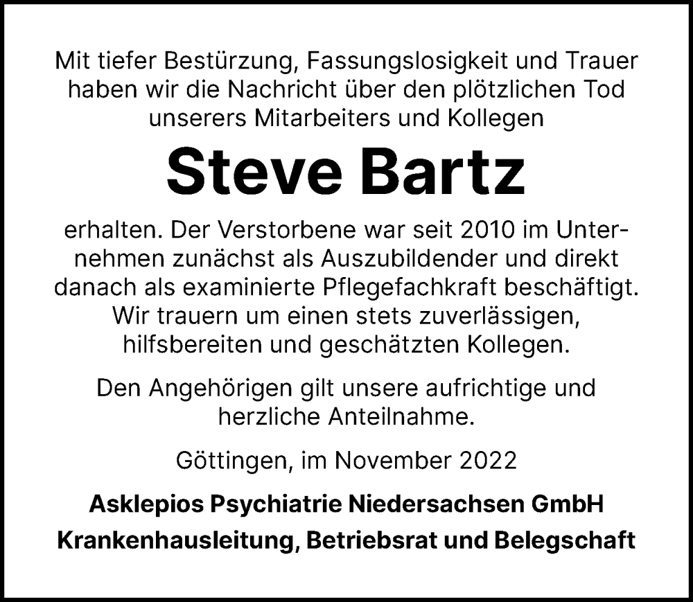  Traueranzeige für Steve Bartz vom 26.11.2022 aus Göttinger Tageblatt