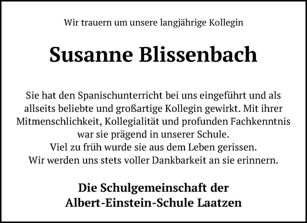  Traueranzeige für Susanne Blissenbach vom 26.11.2022 aus Hannoversche Allgemeine Zeitung/Neue Presse
