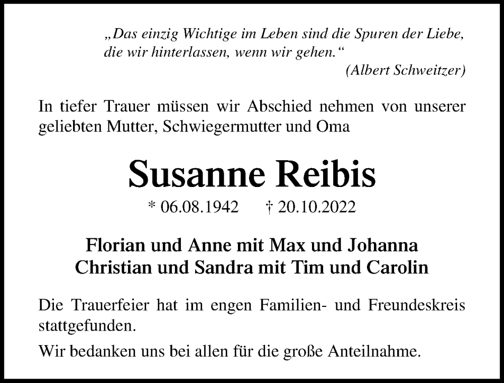  Traueranzeige für Susanne Reibis vom 06.11.2022 aus Lübecker Nachrichten
