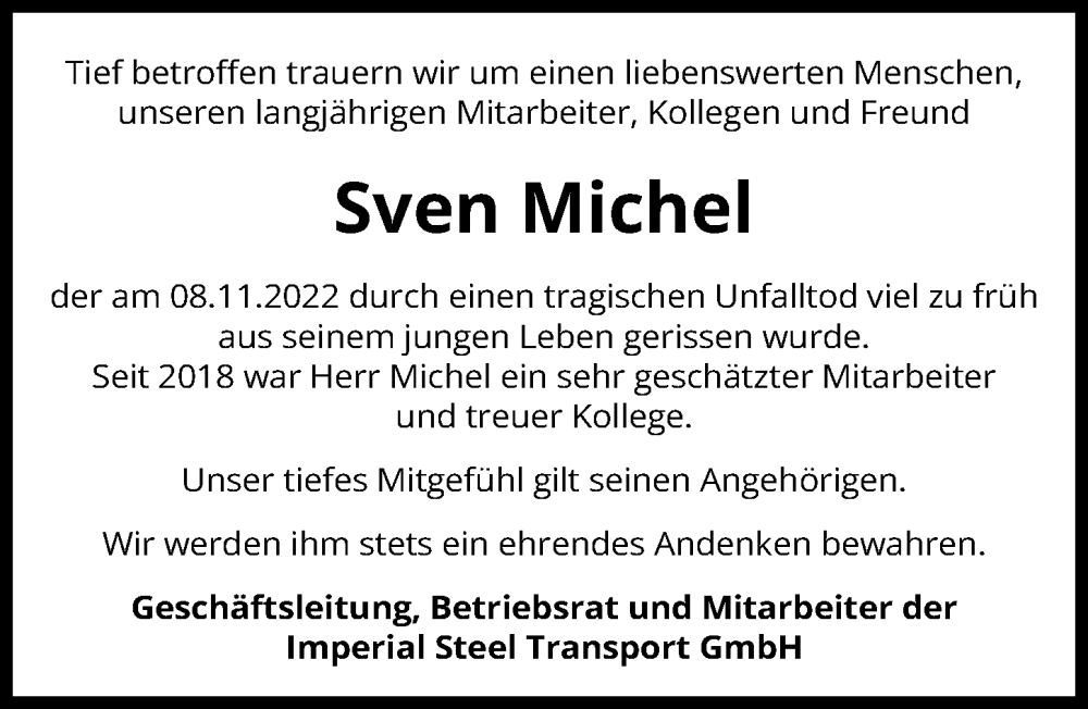  Traueranzeige für Sven Michel vom 19.11.2022 aus Peiner Allgemeine Zeitung