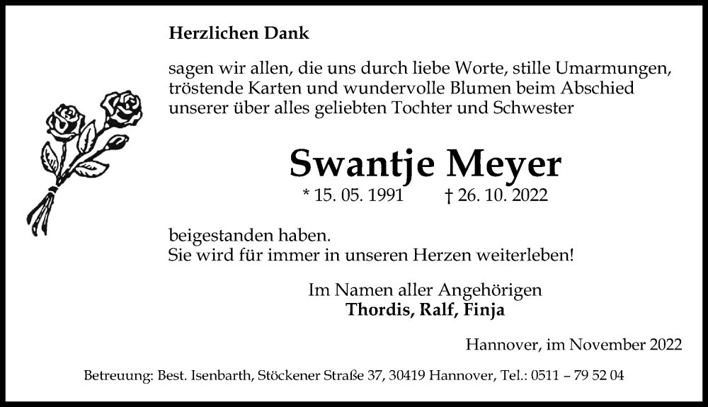  Traueranzeige für Swantje Meyer vom 19.11.2022 aus Hannoversche Allgemeine Zeitung/Neue Presse
