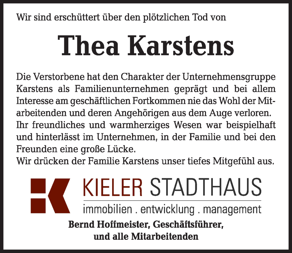 Traueranzeige für Thea Karstens vom 19.11.2022 aus Kieler Nachrichten