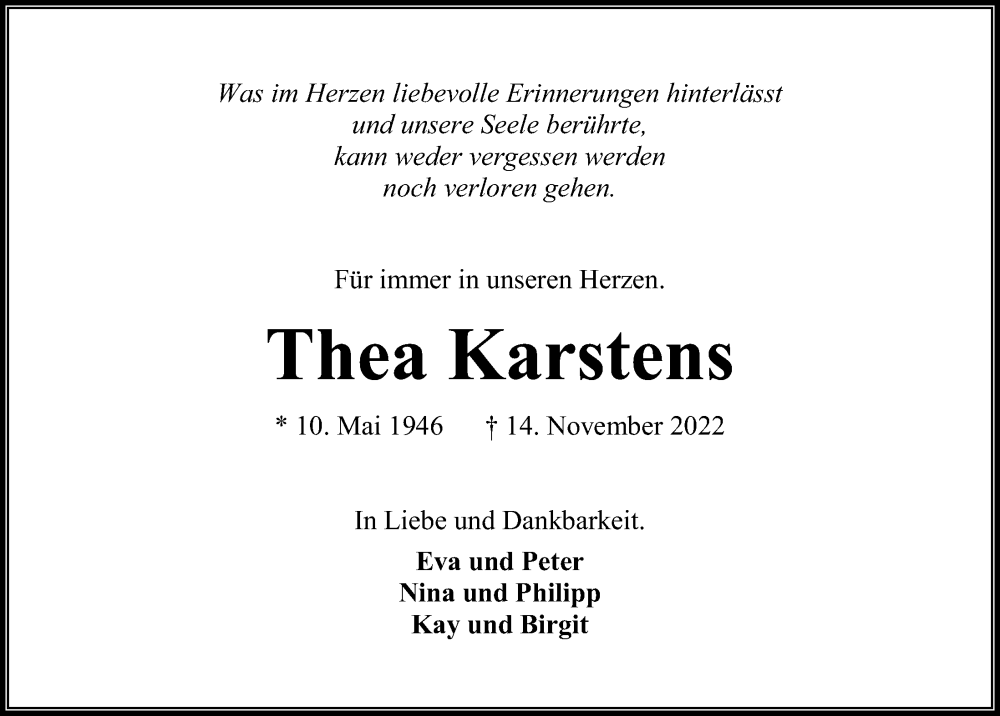  Traueranzeige für Thea Karstens vom 19.11.2022 aus Kieler Nachrichten