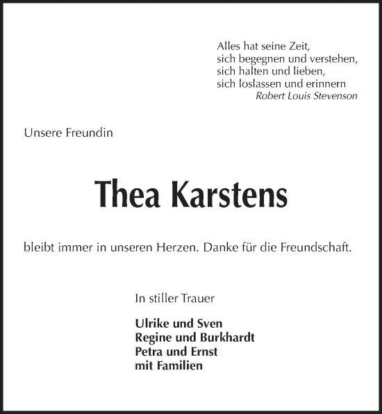 Traueranzeige von Thea Karstens von Kieler Nachrichten
