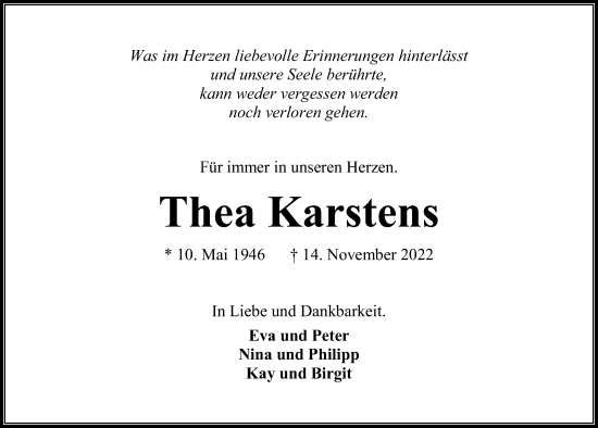 Traueranzeige von Thea Karstens von Kieler Nachrichten