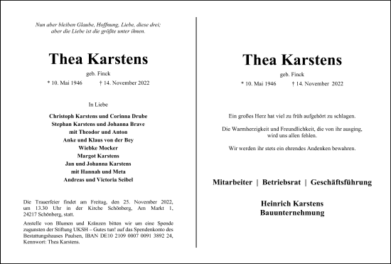 Traueranzeige von Thea Karstens von Kieler Nachrichten