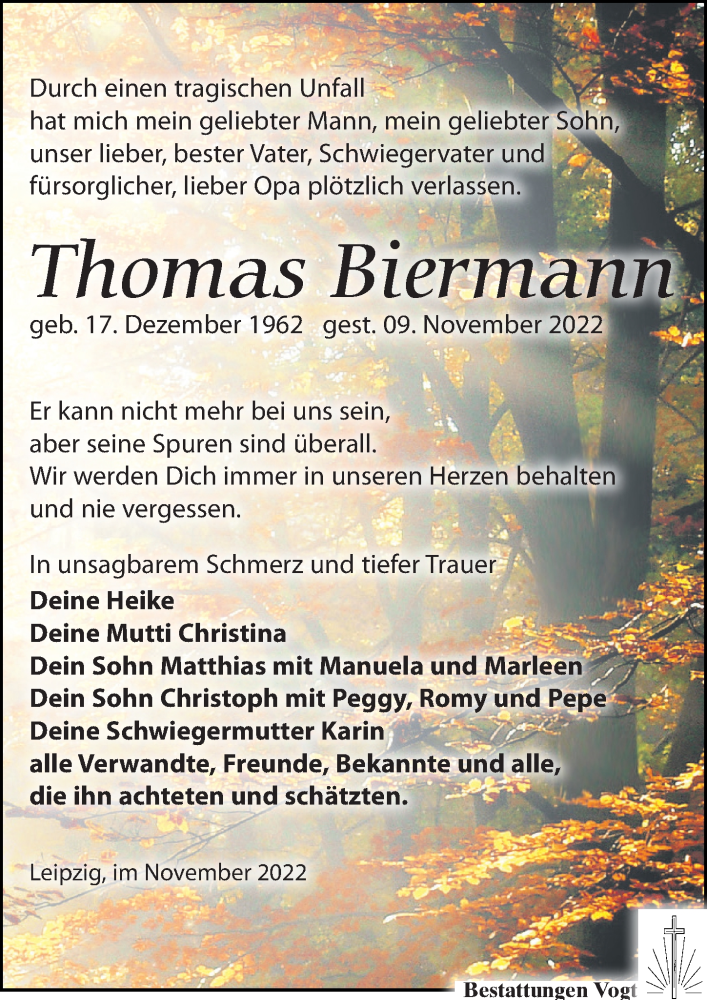 Traueranzeige für Thomas Biermann vom 26.11.2022 aus Leipziger Volkszeitung