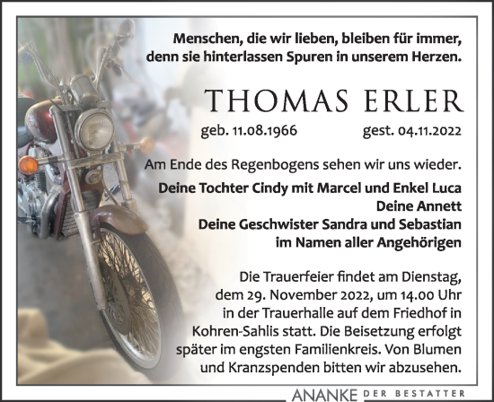 Traueranzeige von Thomas Erler von Leipziger Volkszeitung