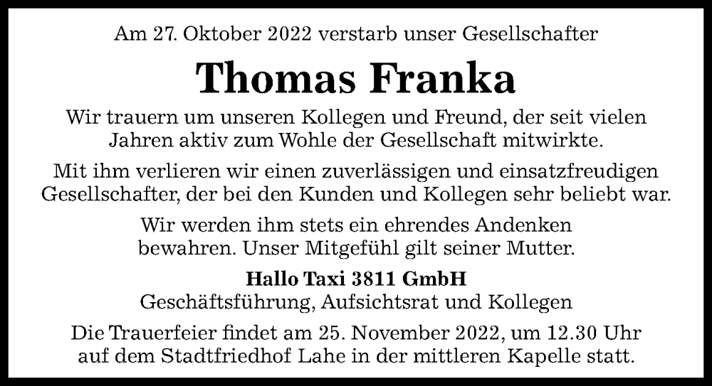  Traueranzeige für Thomas Franka vom 23.11.2022 aus Hannoversche Allgemeine Zeitung/Neue Presse