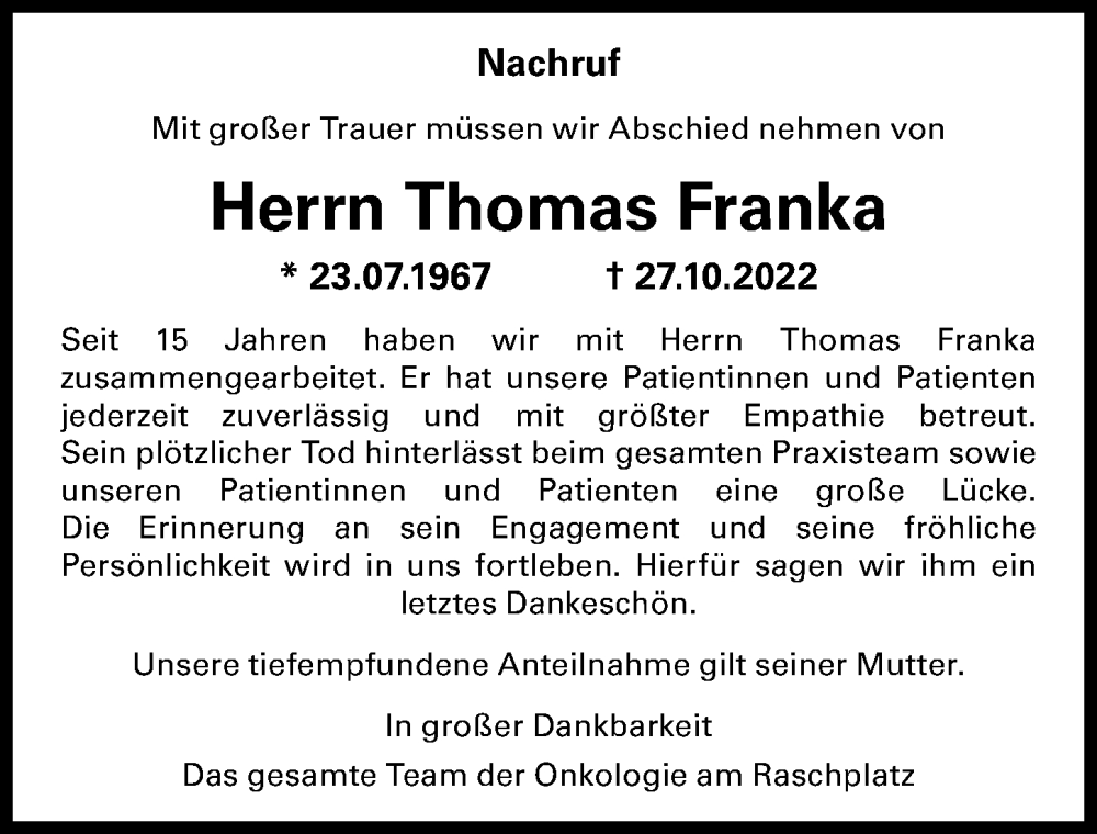 Traueranzeige für Thomas Franka vom 05.11.2022 aus Hannoversche Allgemeine Zeitung/Neue Presse