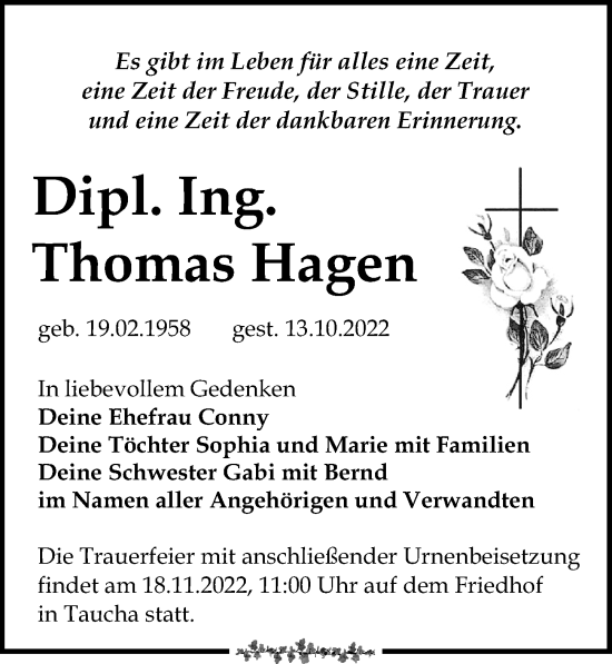 Traueranzeige von Thomas Hagen von Leipziger Volkszeitung