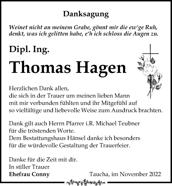 Traueranzeige von Thomas Hagen von Leipziger Volkszeitung