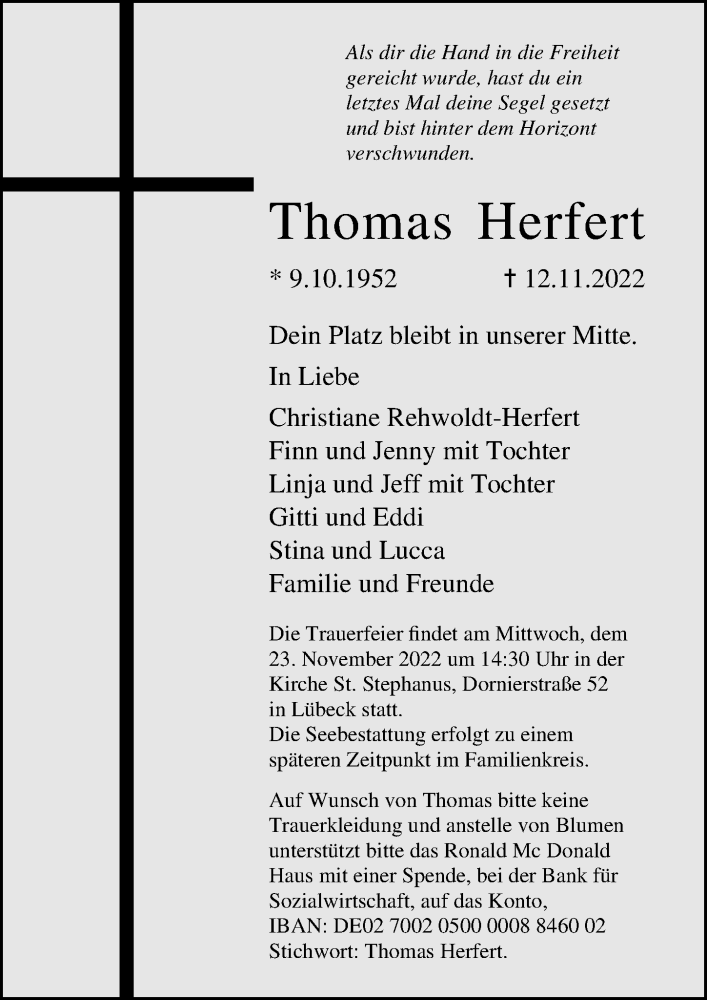  Traueranzeige für Thomas Herfert vom 20.11.2022 aus Lübecker Nachrichten