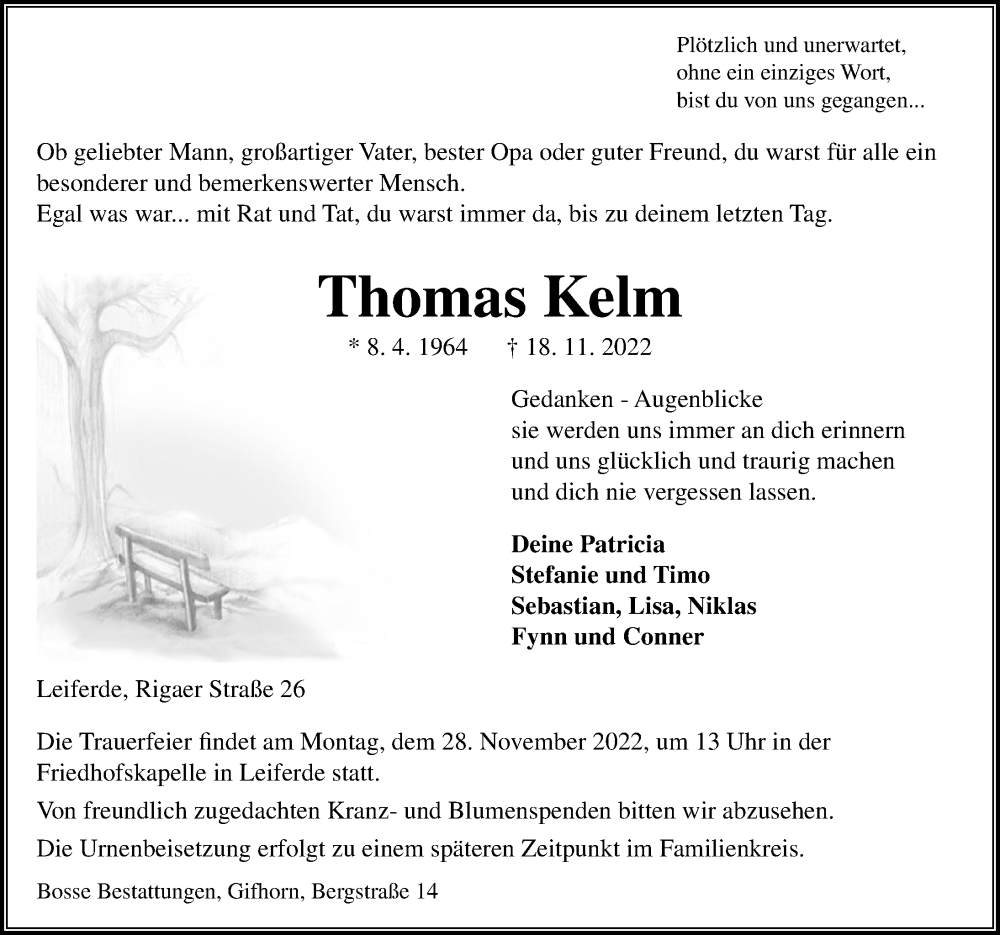  Traueranzeige für Thomas Kelm vom 24.11.2022 aus Aller Zeitung