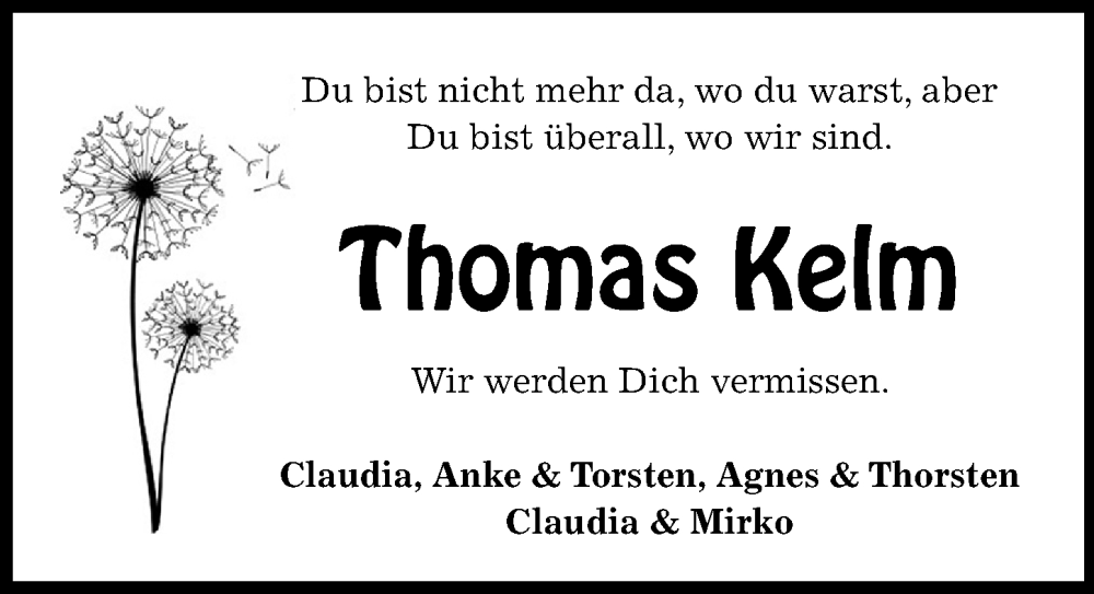 Traueranzeige für Thomas Kelm vom 26.11.2022 aus Aller Zeitung