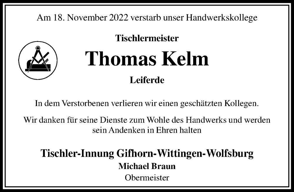  Traueranzeige für Thomas Kelm vom 26.11.2022 aus Aller Zeitung