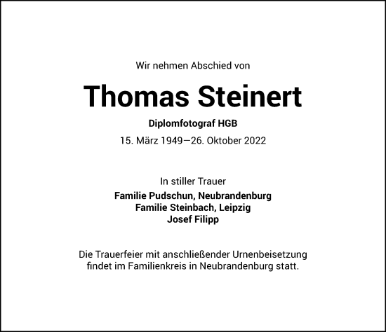 Traueranzeige von Thomas Steinert von Leipziger Volkszeitung