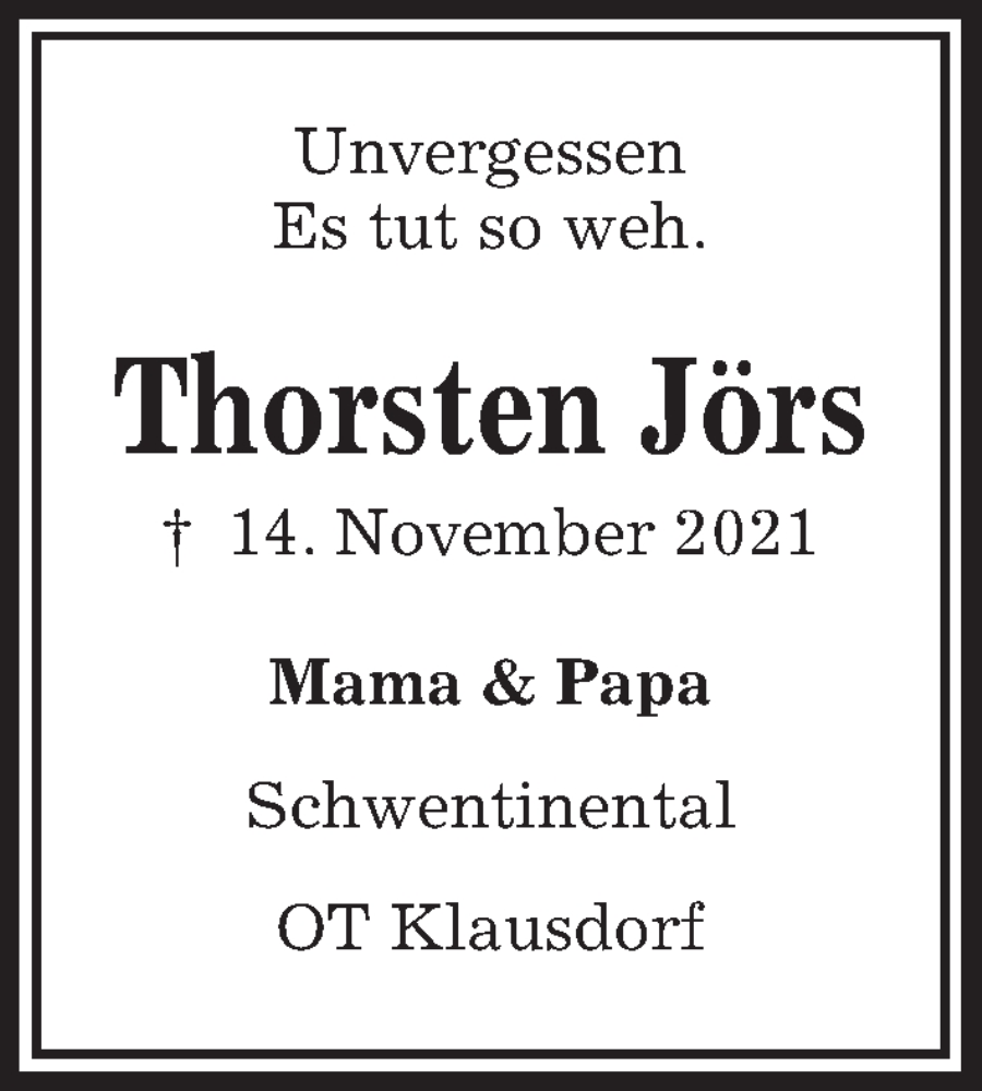  Traueranzeige für Thorsten Jörs vom 12.11.2022 aus Kieler Nachrichten