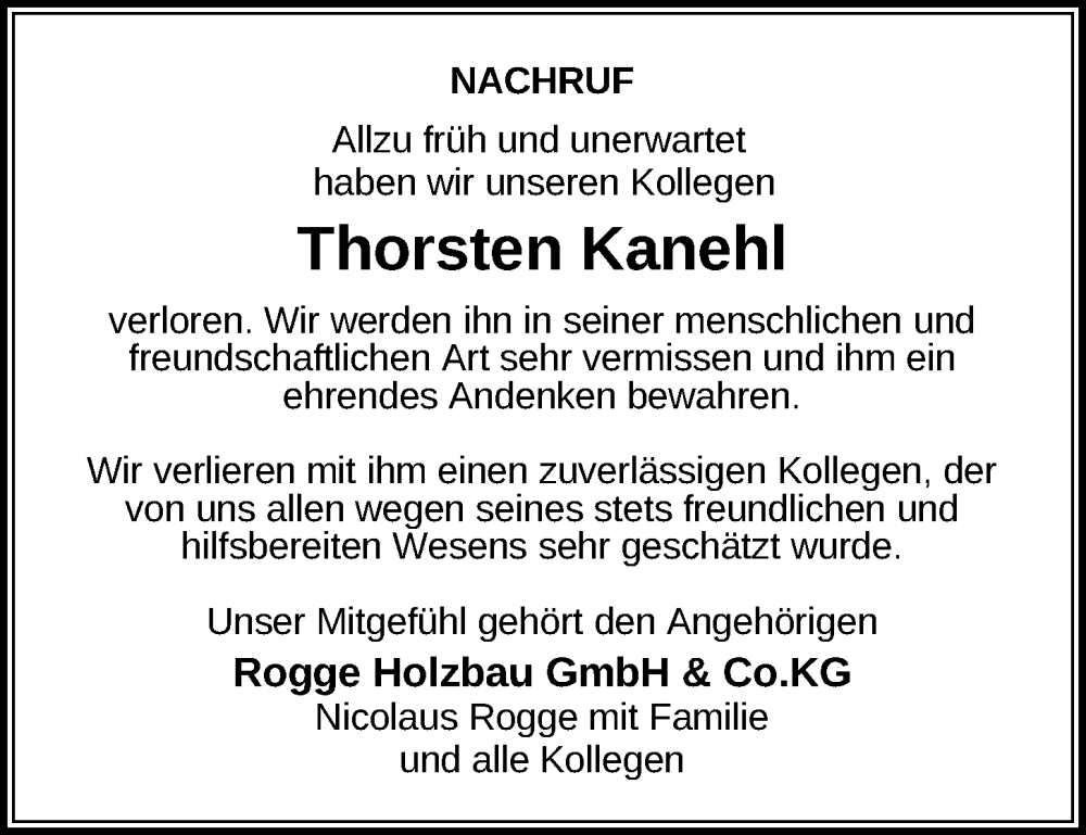  Traueranzeige für Thorsten Kanehl vom 23.11.2022 aus Kieler Nachrichten