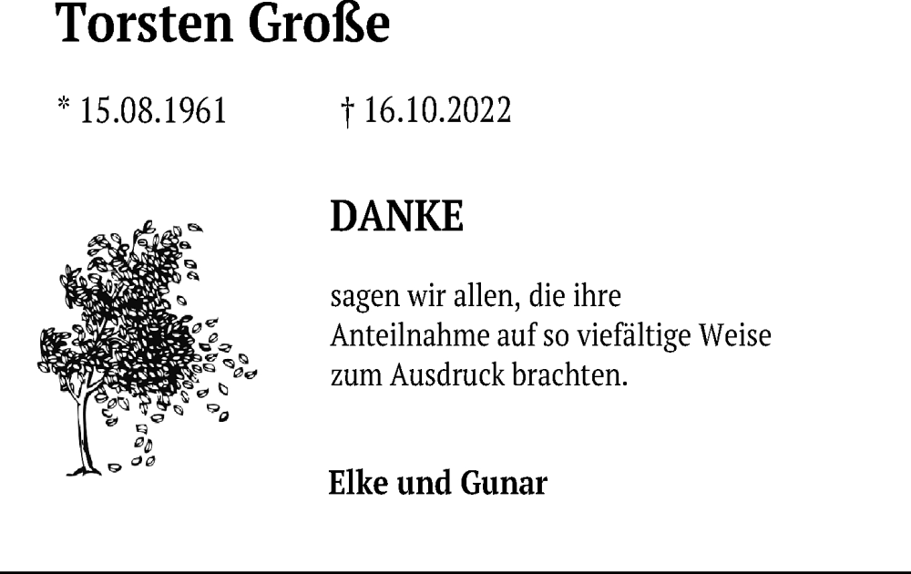  Traueranzeige für Torsten Große vom 26.11.2022 aus Leipziger Volkszeitung