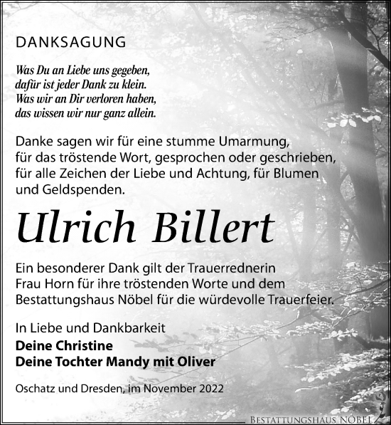 Traueranzeige von Ulrich Billert von Leipziger Volkszeitung
