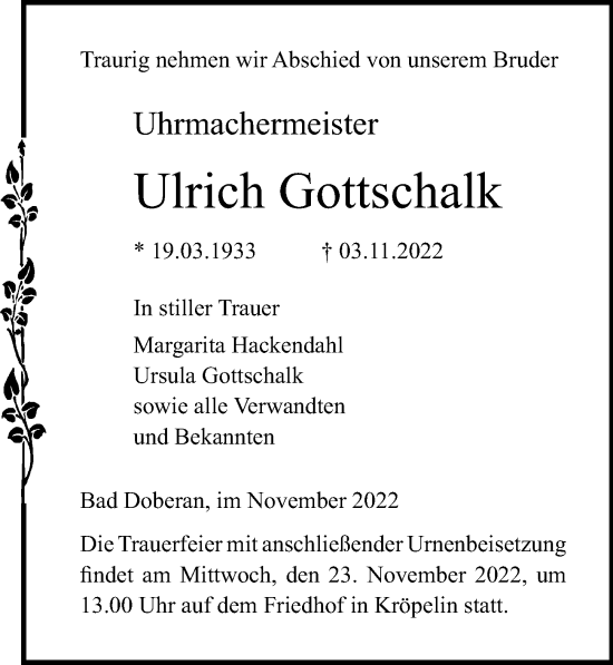 Traueranzeige von Ulrich Gottschalk von Ostsee-Zeitung GmbH