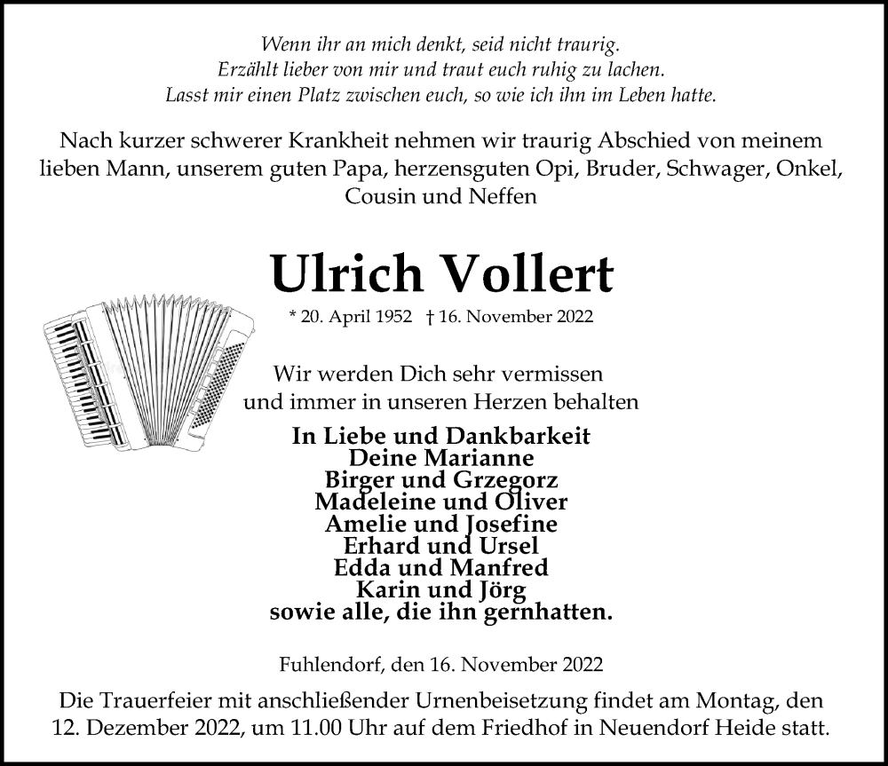  Traueranzeige für Ulrich Vollert vom 19.11.2022 aus Ostsee-Zeitung GmbH