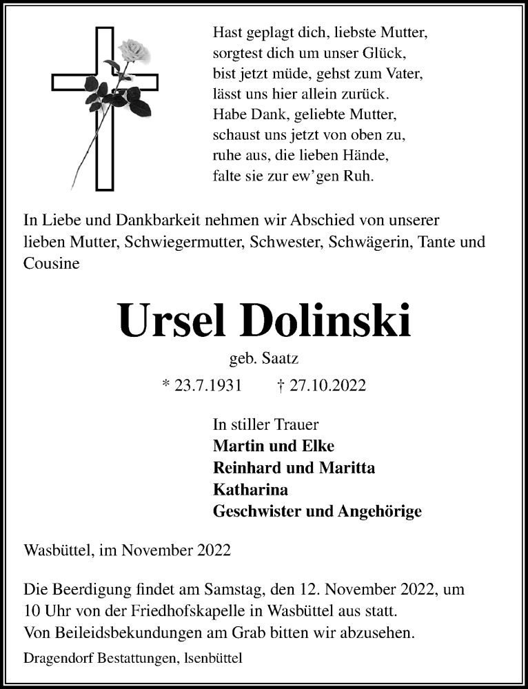  Traueranzeige für Ursel Dolinski vom 05.11.2022 aus Aller Zeitung