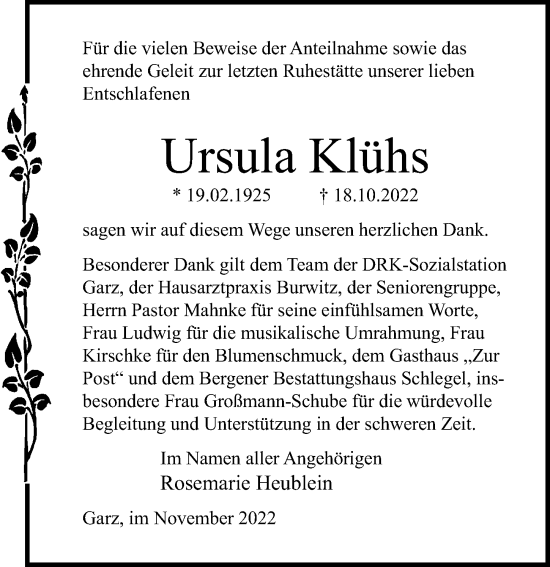Traueranzeige von Ursula Klühs von Ostsee-Zeitung GmbH