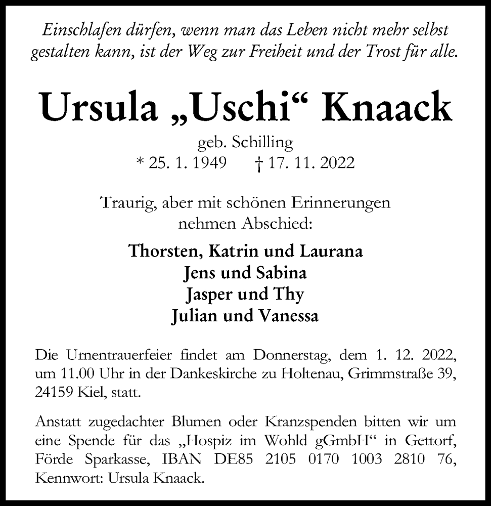  Traueranzeige für Ursula  Knaack vom 26.11.2022 aus Kieler Nachrichten