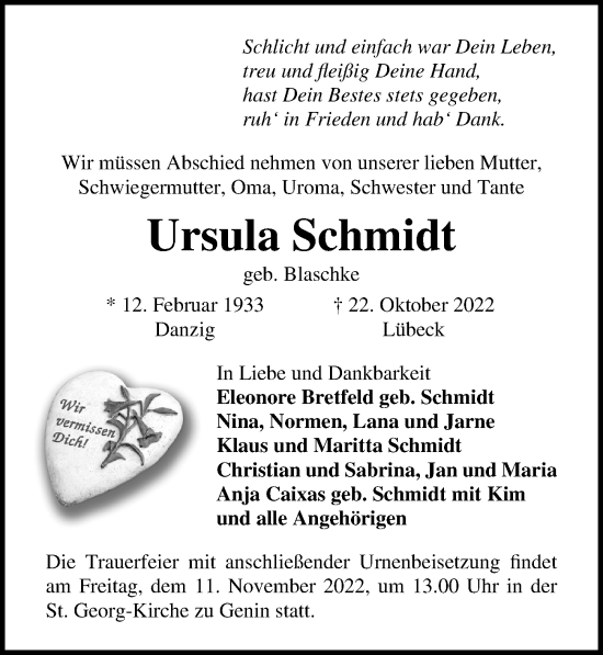 Traueranzeige von Ursula Schmidt von Lübecker Nachrichten