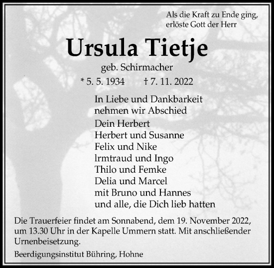 Traueranzeige von Ursula Tietje von Aller Zeitung