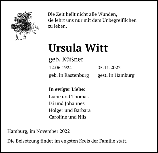 Traueranzeige von Ursula Witt von Ostsee-Zeitung GmbH