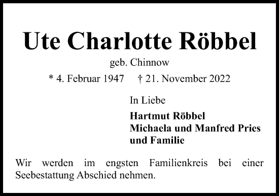 Traueranzeige von Ute Charlotte Röbbel von Kieler Nachrichten