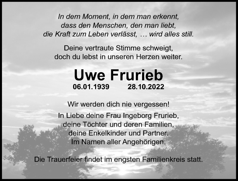  Traueranzeige für Uwe Frurieb vom 12.11.2022 aus Ostsee-Zeitung GmbH