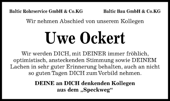 Traueranzeige von Uwe Ockert von Kieler Nachrichten