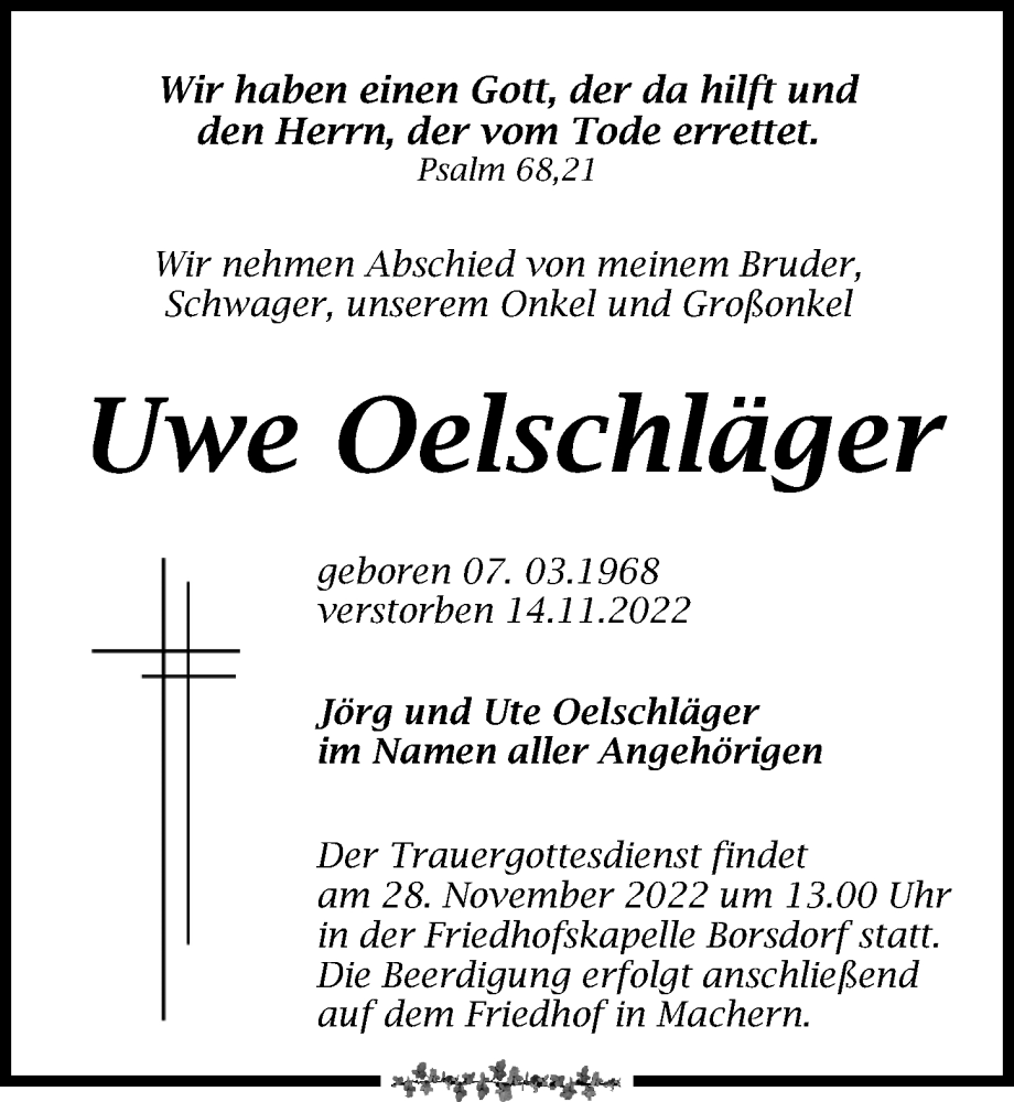  Traueranzeige für Uwe Oelschläger vom 19.11.2022 aus Leipziger Volkszeitung