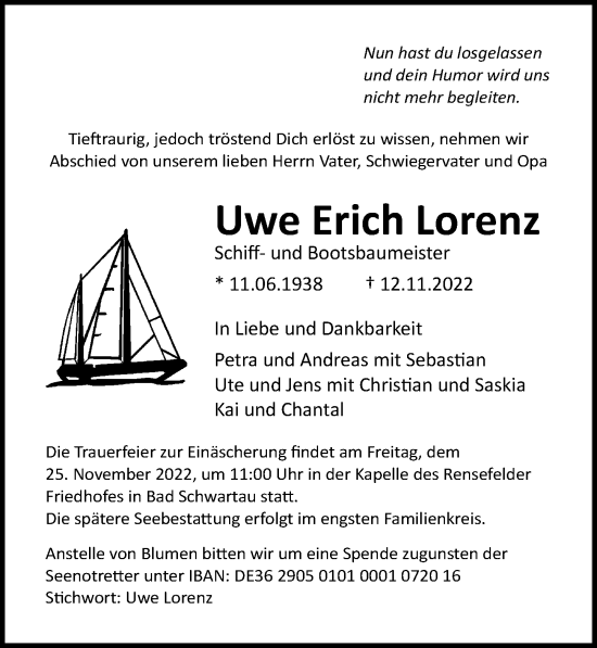 Traueranzeige von Uwe Erich Lorenz von Lübecker Nachrichten