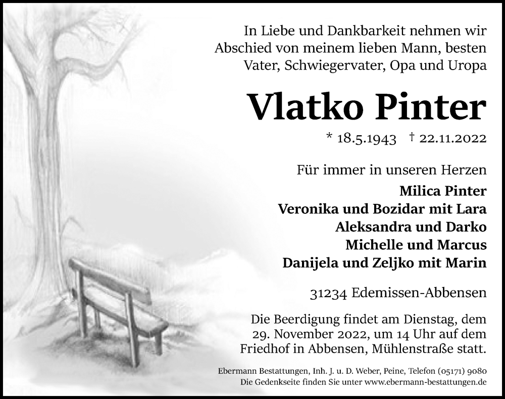  Traueranzeige für Vlatko Pinter vom 26.11.2022 aus Peiner Allgemeine Zeitung