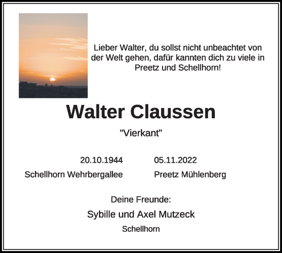 Traueranzeige von Walter Claussen von Kieler Nachrichten