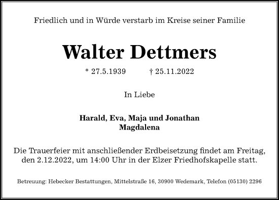 Traueranzeige von Walter Dettmers von Hannoversche Allgemeine Zeitung/Neue Presse
