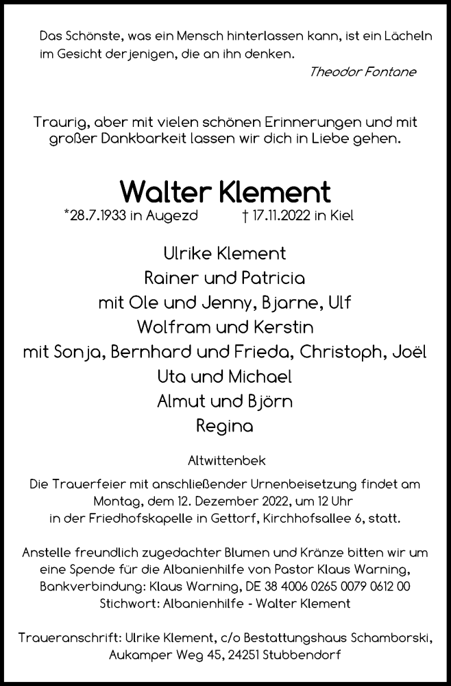  Traueranzeige für Walter Klement vom 26.11.2022 aus Kieler Nachrichten