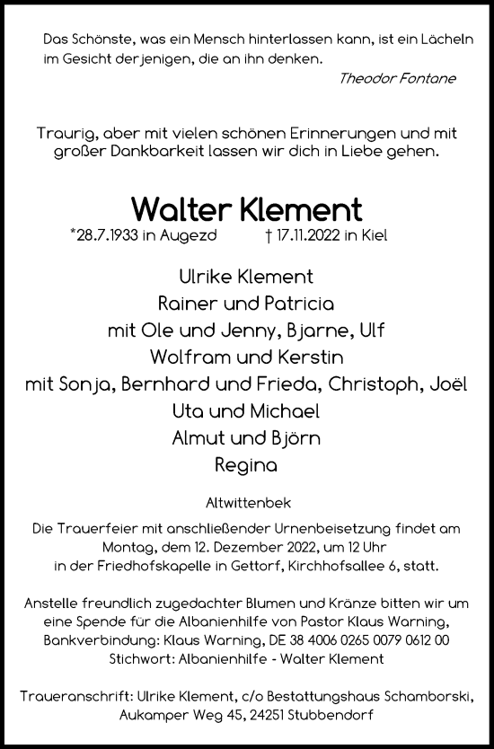 Traueranzeige von Walter Klement von Kieler Nachrichten