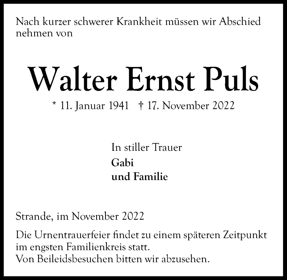  Traueranzeige für Walter Ernst Puls vom 19.11.2022 aus Kieler Nachrichten