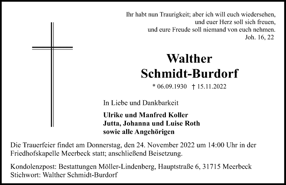  Traueranzeige für Walther Schmidt-Burdorf vom 19.11.2022 aus Schaumburger Nachrichten