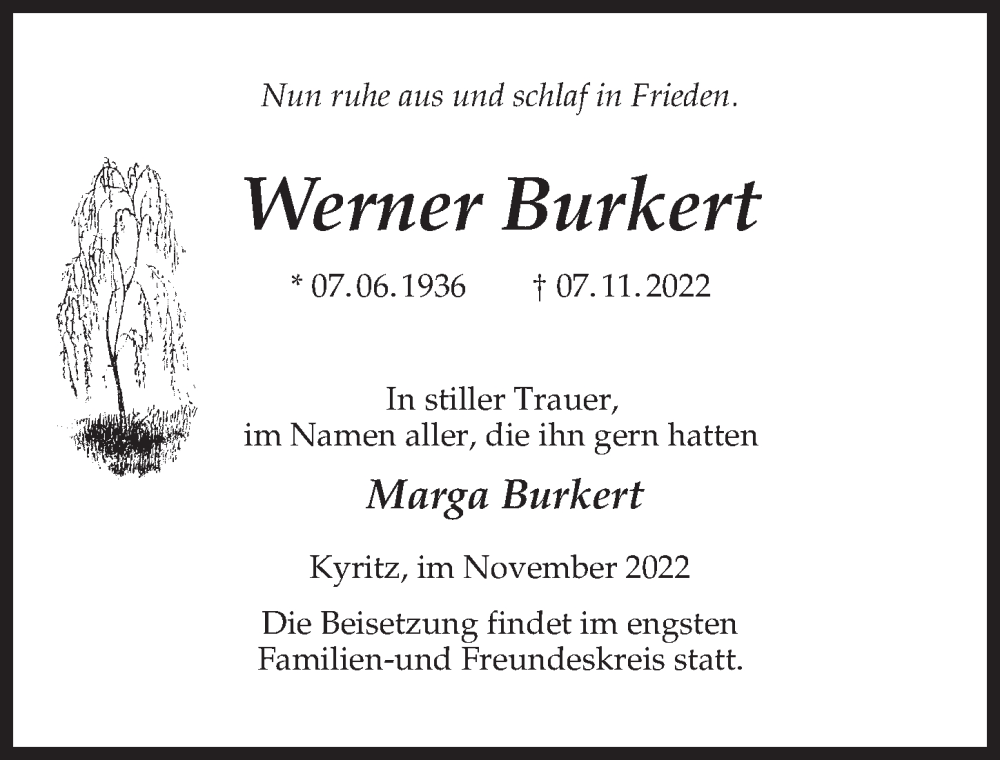  Traueranzeige für Werner Burkert vom 12.11.2022 aus Märkischen Allgemeine Zeitung