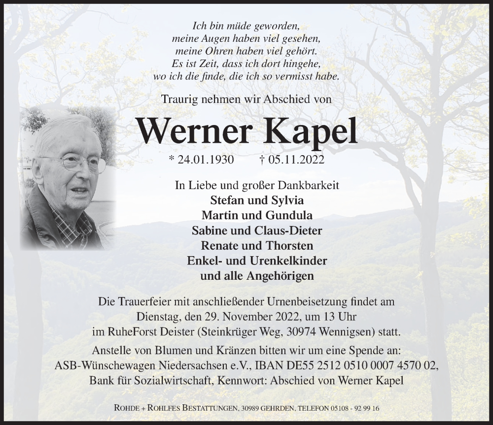  Traueranzeige für Werner Kapel vom 19.11.2022 aus Hannoversche Allgemeine Zeitung/Neue Presse